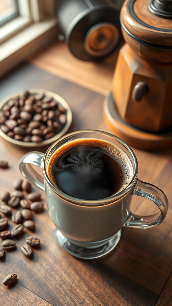 A cup of rich coffee with coffee beans and grinder on a wooden table.